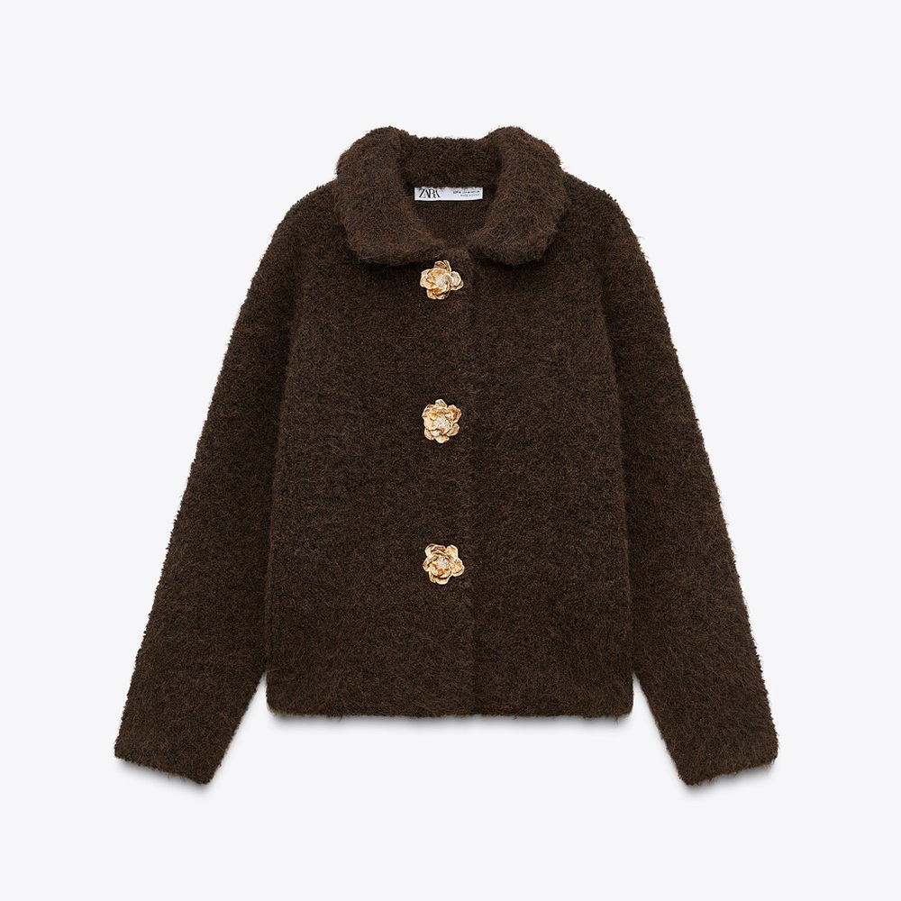 Zara Faux fur knit cardigan with flower buttons